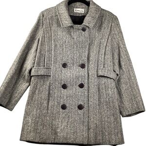 Herman Kay Petite Wool Tweed Coat Double Breasted Pea Coat Grey Sz MP? vintage